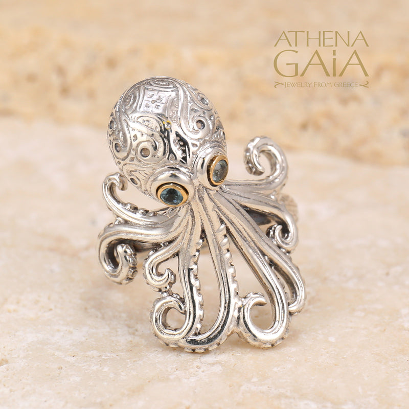Thalassa Octopus Gemstone Ring - 18k Gold & Sterling Silver - Cocktail Ring