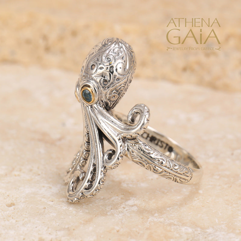 Thalassa Octopus Gemstone Ring - 18k Gold & Sterling Silver - Cocktail Ring