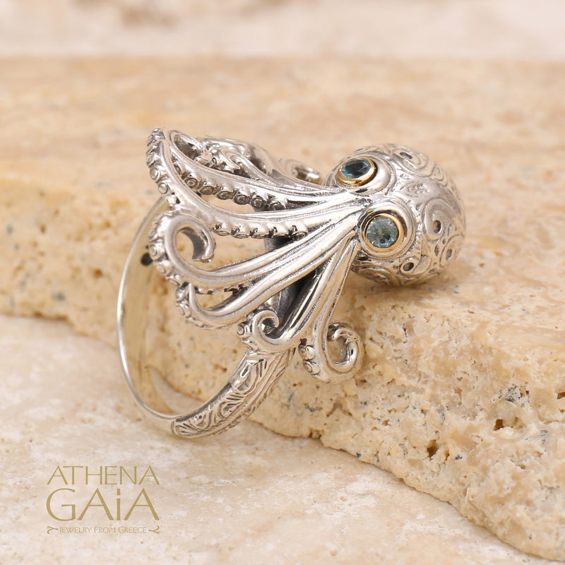 Thalassa Octopus Gemstone Ring - 18k Gold & Sterling Silver - Cocktail Ring