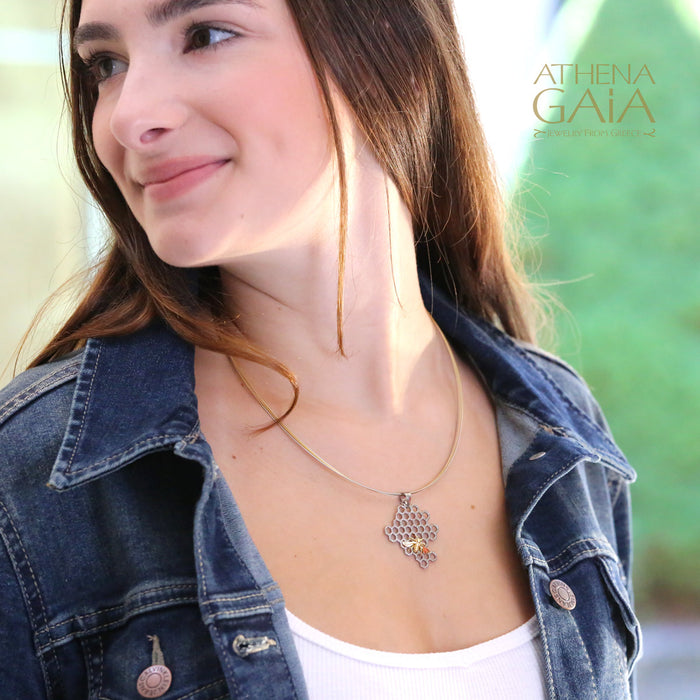 Basilissa Honeycomb Bee Necklace (Small) - Gold Plated Sterling Silver Necklace (In-Stock))
