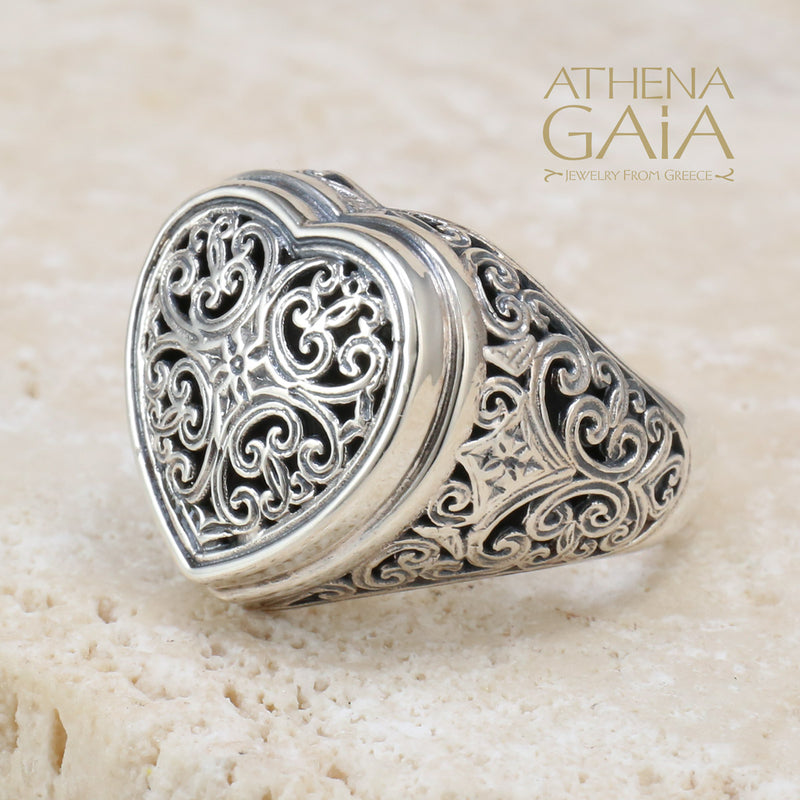 Mediterranean Heart Tapered Ring - Sterling Silver Ring - Signet Ring