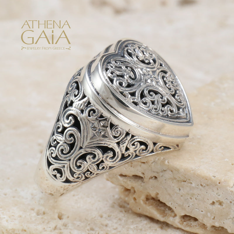Mediterranean Heart Tapered Ring - Sterling Silver Ring - Signet Ring