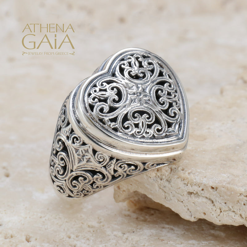 Mediterranean Heart Tapered Ring - Sterling Silver Ring - Signet Ring