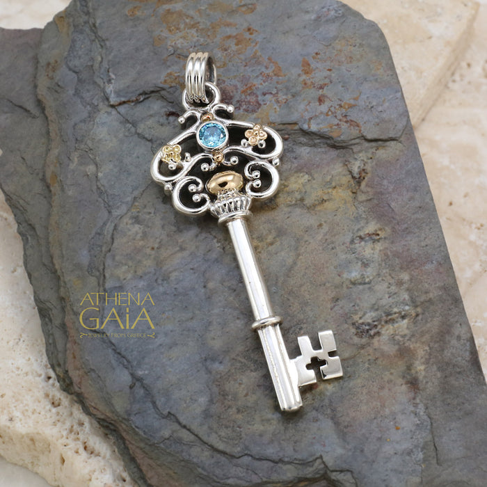 Byzantine Key Pendant - 18k Gold & Sterling Silver Pendant