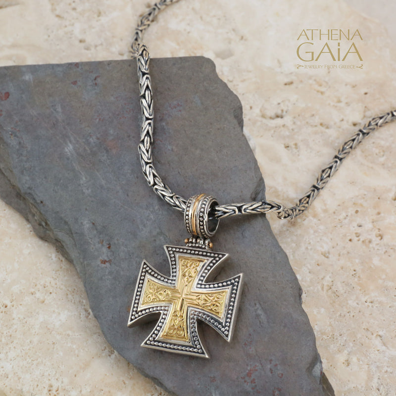 Gold Face Maltese Cross - 18k Gold and Sterling Silver - Cross Necklace
