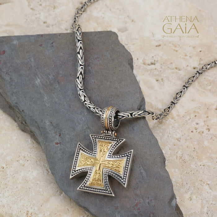 Gold Face Maltese Cross - 18k Gold and Sterling Silver - Cross Necklace