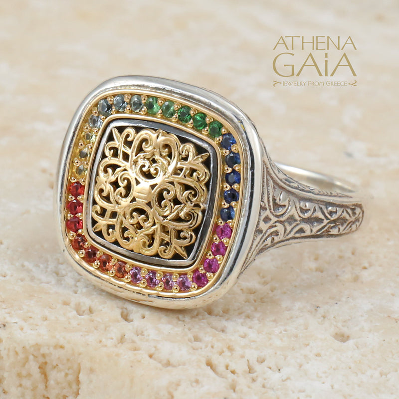 Kosmos Square Ring - 18k Gold & Sterling Silver Ring - Signet Ring