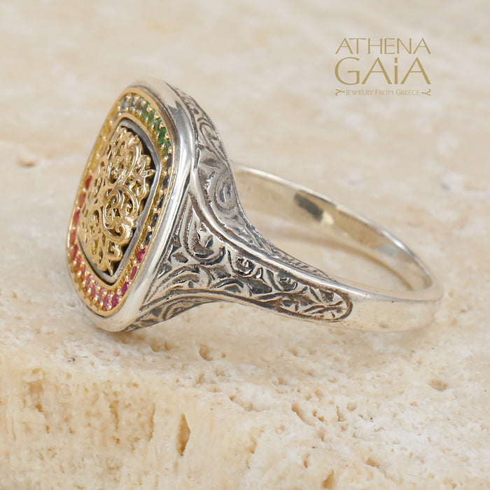 Kosmos Square Ring - 18k Gold & Sterling Silver Ring - Signet Ring