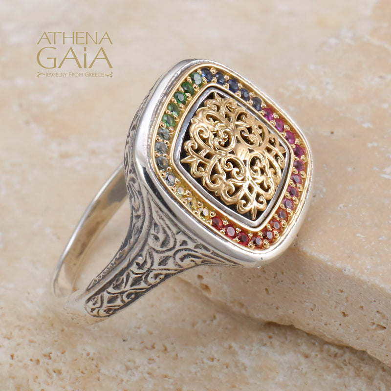 Kosmos Square Ring - 18k Gold & Sterling Silver Ring - Signet Ring