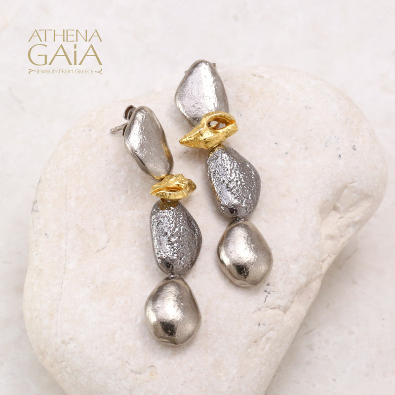 Conch Shell and Pebble Long Post Earrings - Gold Plated & Sterling Silver (In-Stock)