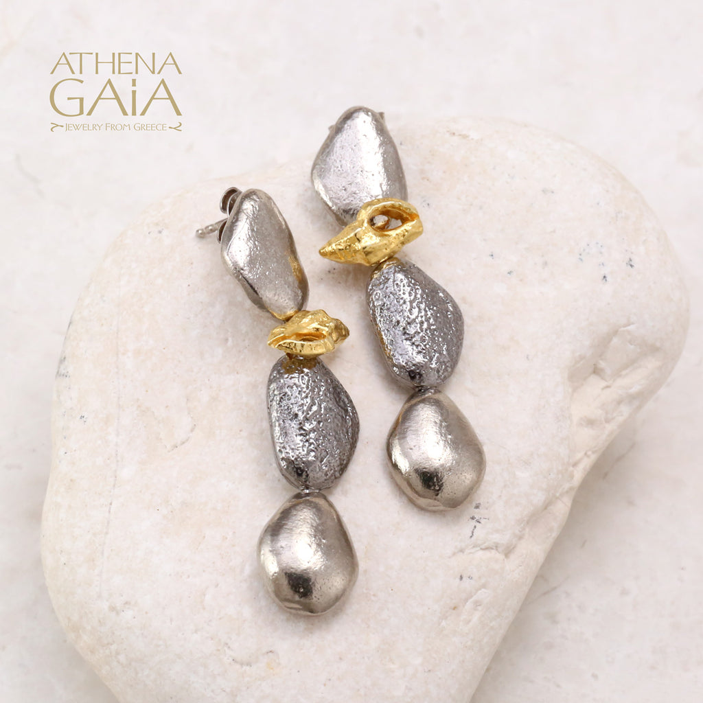 Conch Shell and Pebble Long Post Earrings - Gold Plated & Sterling Silver (In-Stock)
