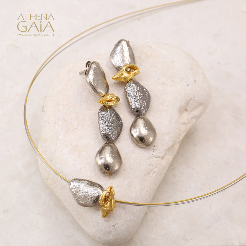 Conch Shell and Pebble Long Post Earrings - Gold Plated & Sterling Silver (In-Stock)