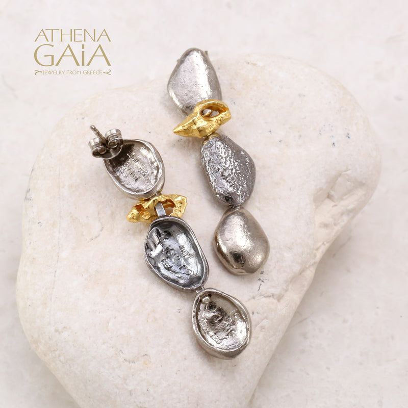 Conch Shell and Pebble Long Post Earrings - Gold Plated & Sterling Silver (In-Stock)