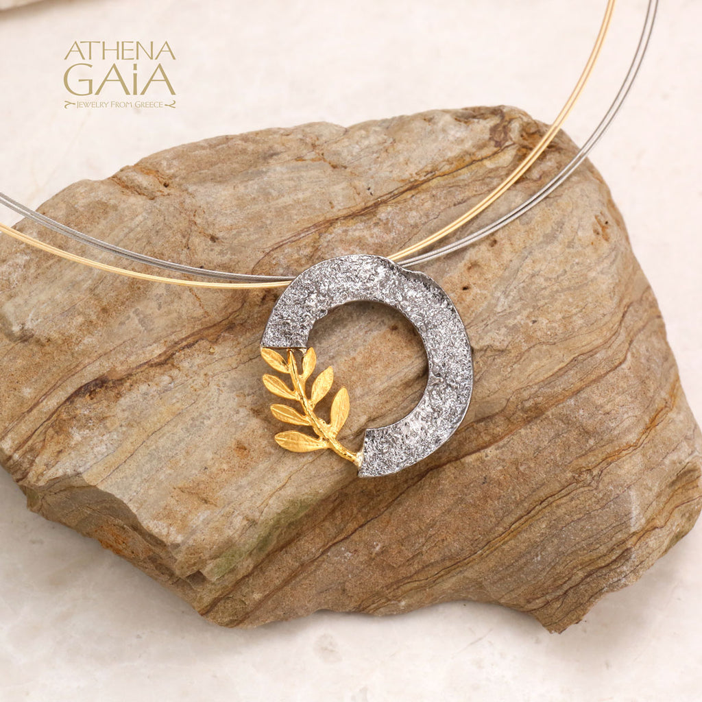Open Circle Champion Olive Branch Necklace - Gold Plated Sterling Silver (In-Stock)