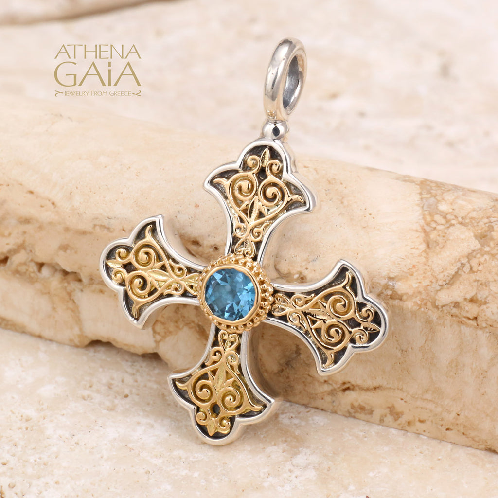 Aretousa Topaz Fleury Cross (Large) - 18k Gold & Sterling Silver - Orthodox Cross (In-Stock)