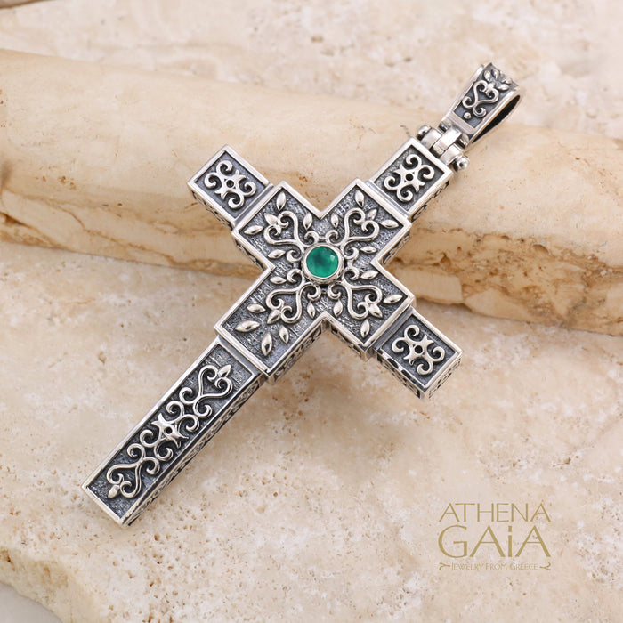 Flanked Cross with Stone - Sterling Silver - Latin Cross Necklace