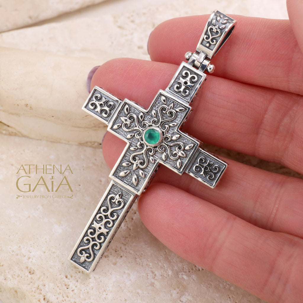 Flanked Cross with Stone - Sterling Silver - Latin Cross Necklace (In-Stock)