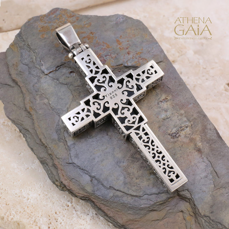 Flanked Cross with Stone - Sterling Silver - Latin Cross Necklace