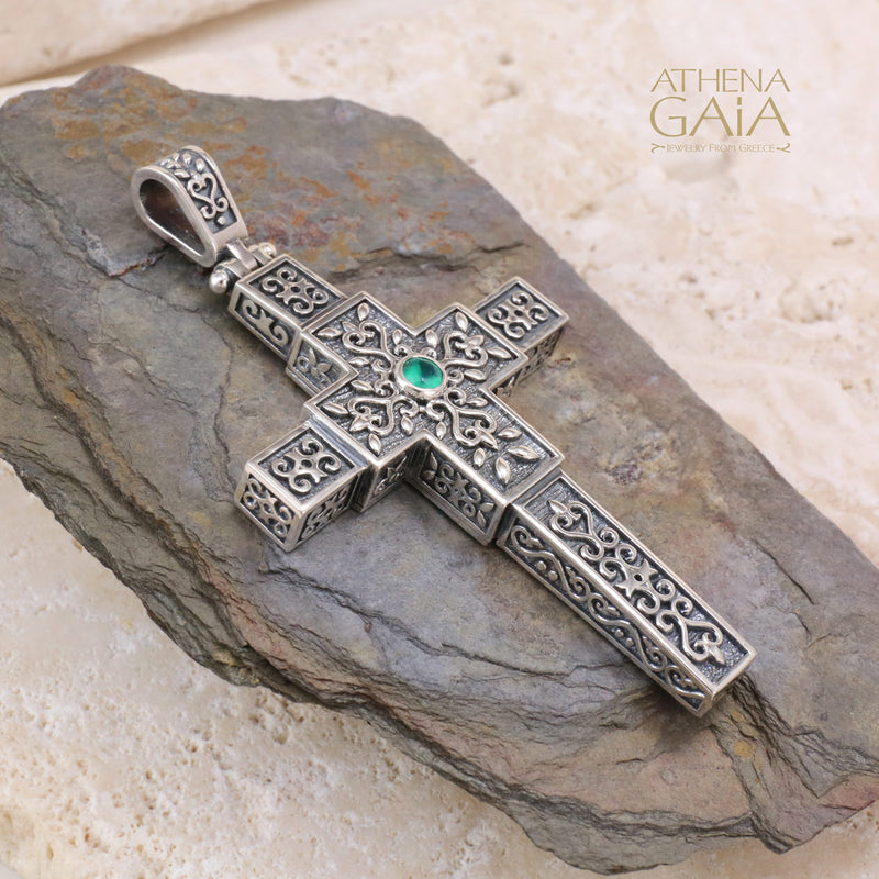Flanked Cross with Stone - Sterling Silver - Latin Cross Necklace
