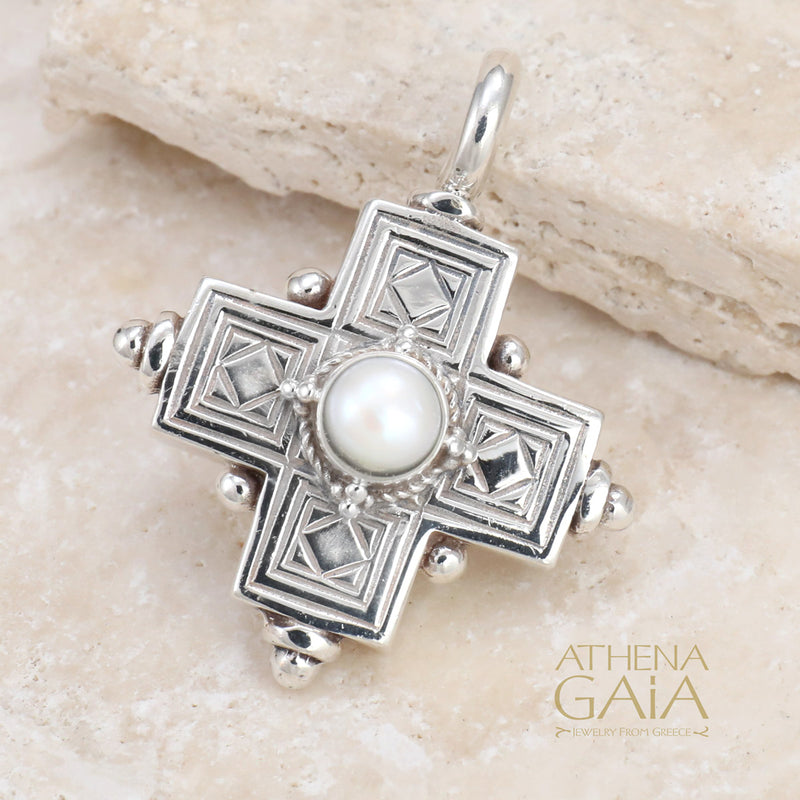 Rustic Silver Stone Cross (Large) - Sterling Silver - Greek Cross Necklace