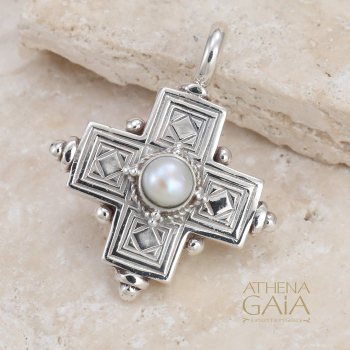 Rustic Silver Stone Cross (Large) - Sterling Silver - Greek Cross Necklace