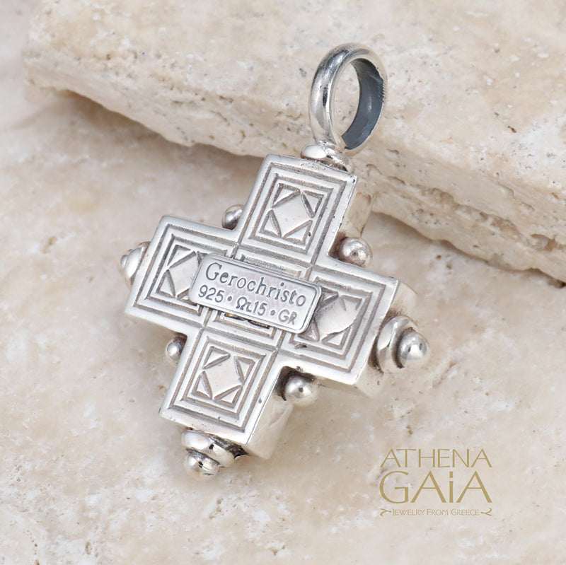 Rustic Silver Stone Cross (Large) - Sterling Silver - Greek Cross Necklace