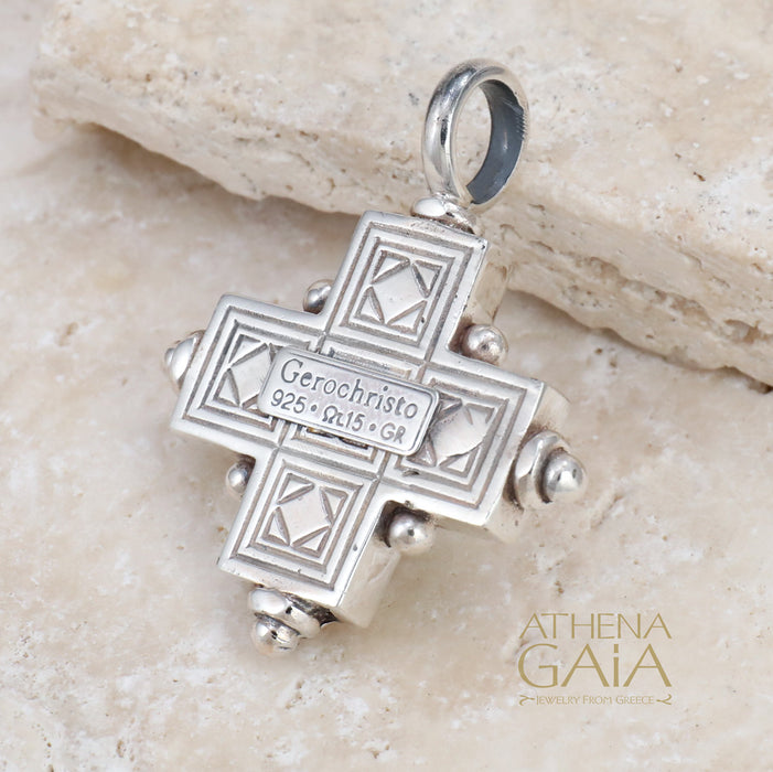 Rustic Silver Stone Cross (Large) - Sterling Silver - Greek Cross Necklace