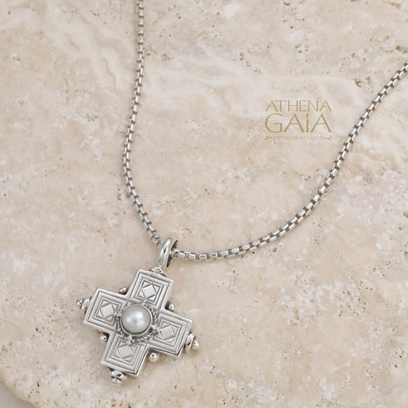 Rustic Silver Stone Cross (Large) - Sterling Silver - Greek Cross Necklace