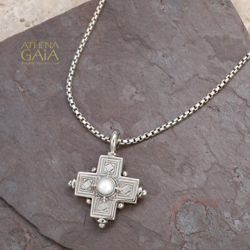 Rustic Silver Stone Cross (Large) - Sterling Silver - Greek Cross Necklace