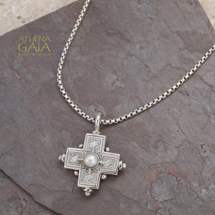 Rustic Silver Stone Cross (Large) - Sterling Silver - Greek Cross Necklace