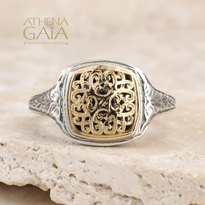 Mediterranean Square Pinky Ring - 18k Gold & Sterling Silver Ring - Club Ring