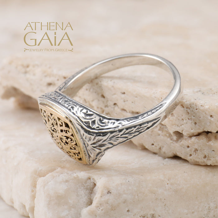 Mediterranean Square Pinky Ring - 18k Gold & Sterling Silver Ring - Club Ring