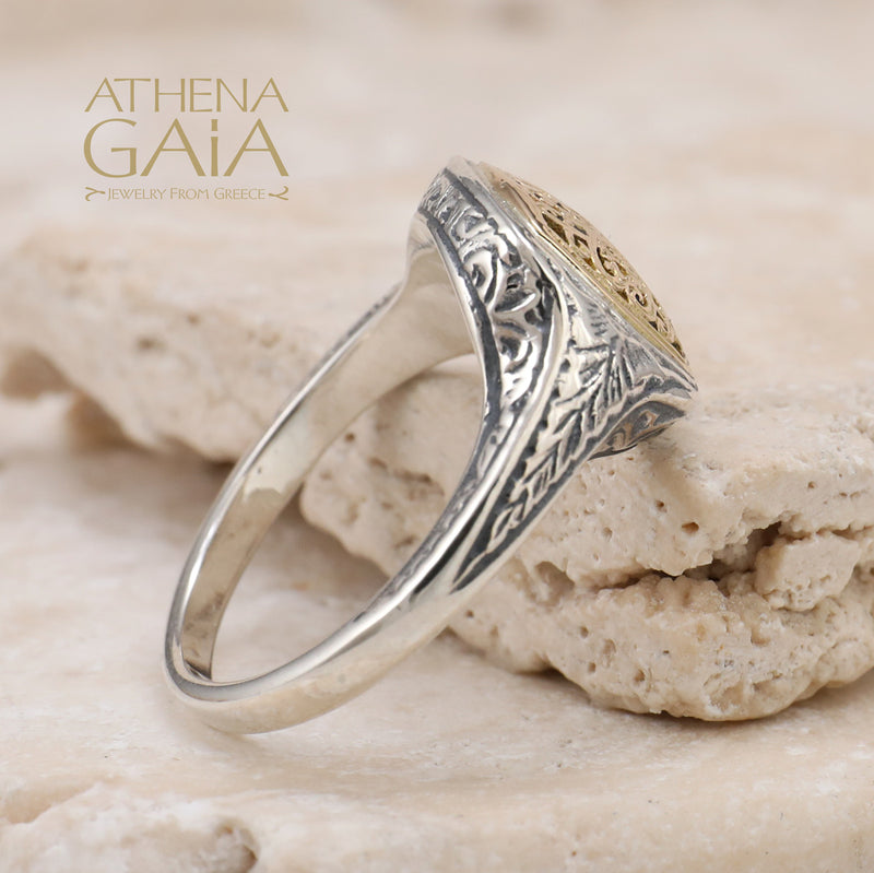 Mediterranean Square Pinky Ring - 18k Gold & Sterling Silver Ring - Club Ring