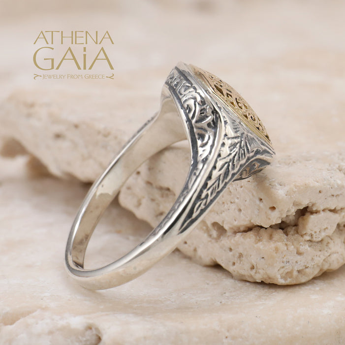 Mediterranean Square Pinky Ring - 18k Gold & Sterling Silver Ring - Club Ring