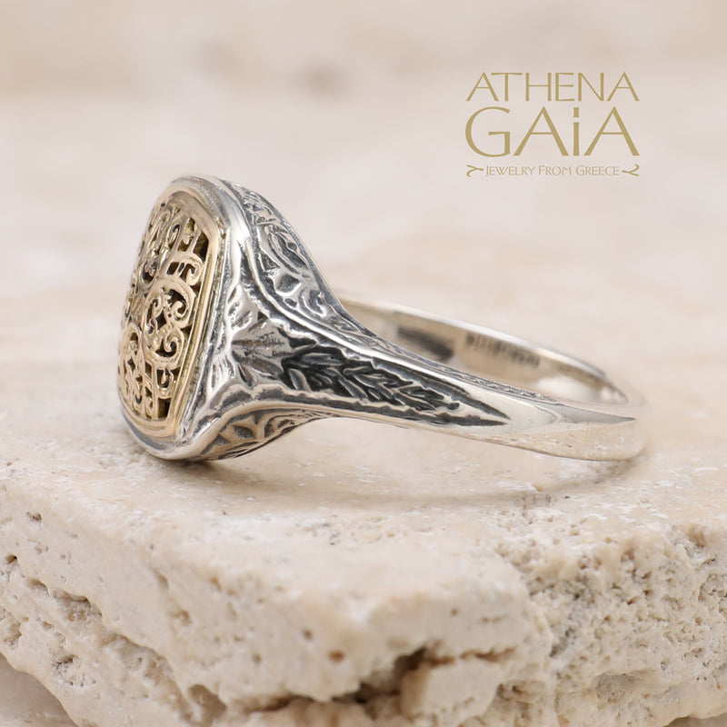 Mediterranean Square Pinky Ring - 18k Gold & Sterling Silver Ring - Club Ring