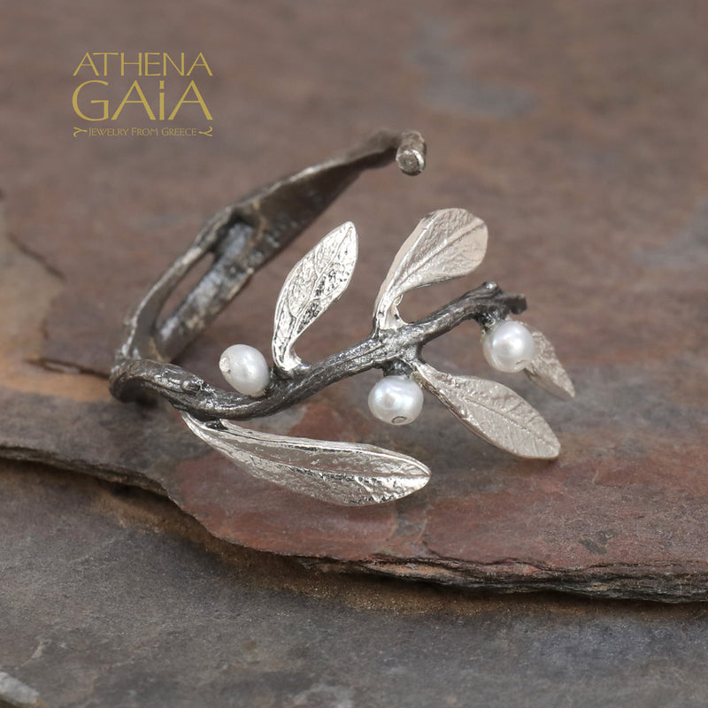 Pearl Olive Noir Half Wrap Sterling Ring - Sterling Silver Ring