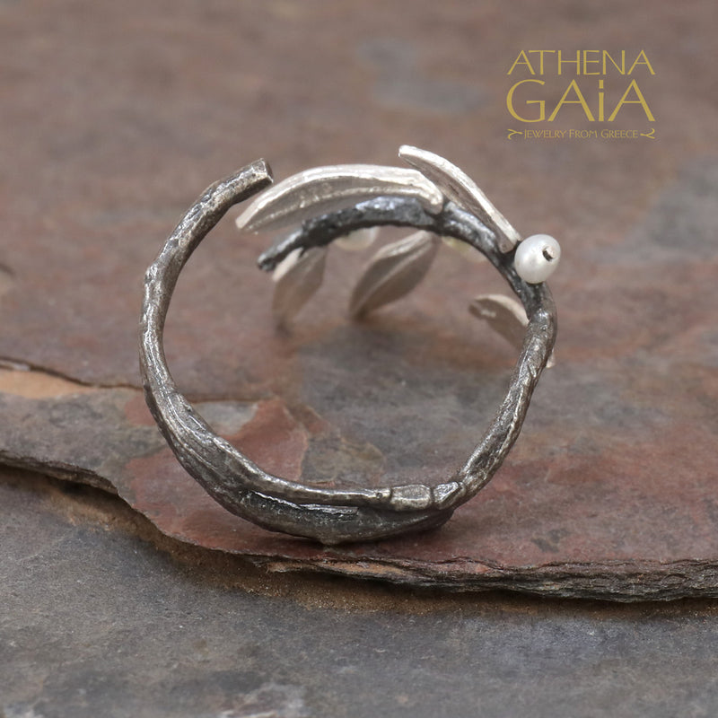 Pearl Olive Noir Half Wrap Sterling Ring - Sterling Silver Ring