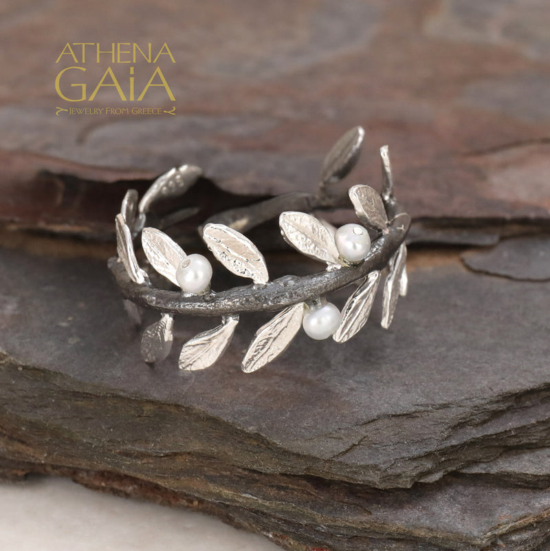 Pearl Olive Noir Full Twig Silver Ring - Sterling Silver Ring