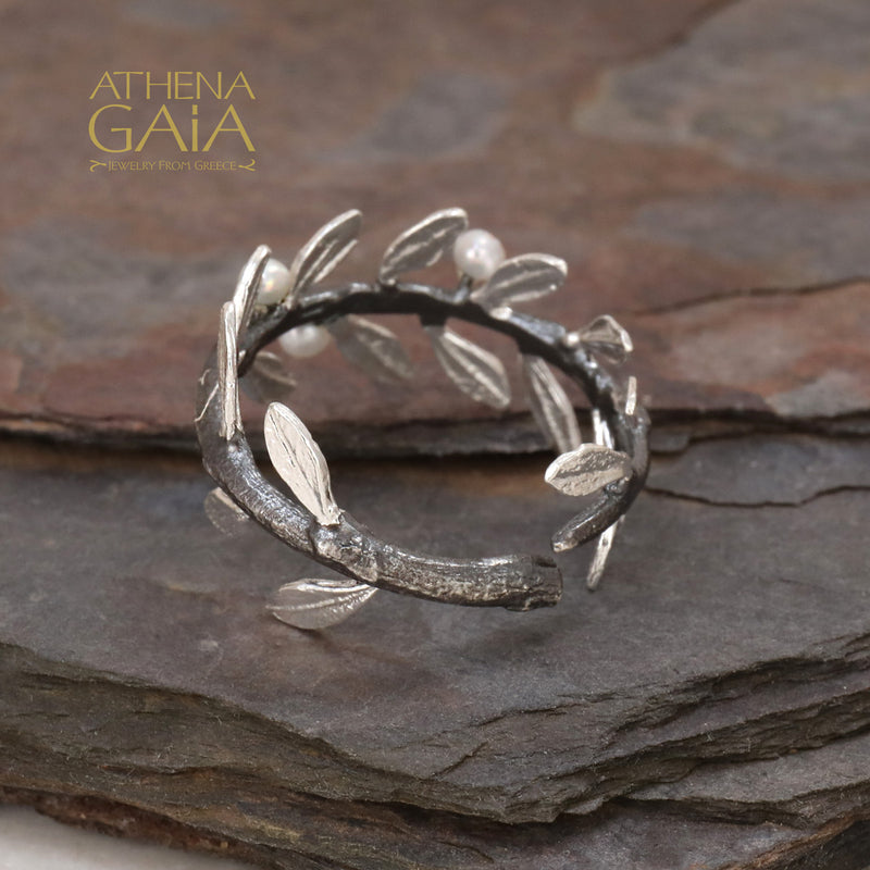 Pearl Olive Noir Full Twig Silver Ring - Sterling Silver Ring