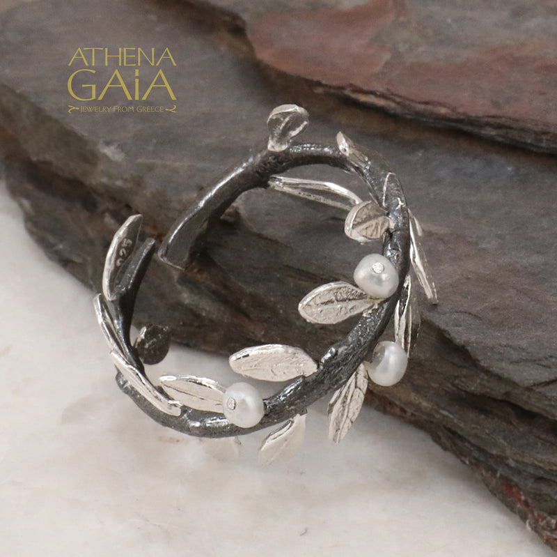Pearl Olive Noir Full Twig Silver Ring - Sterling Silver Ring