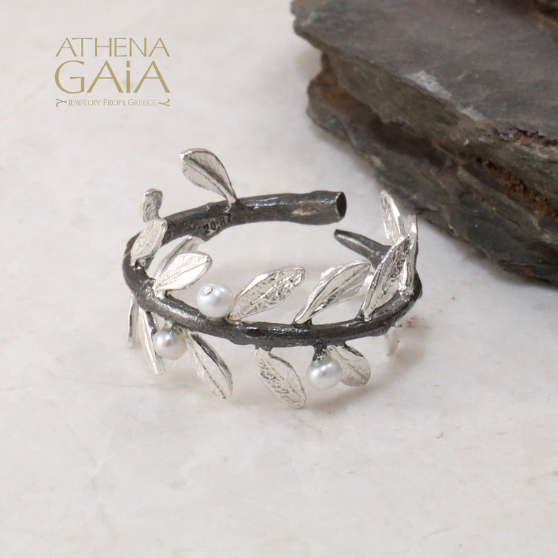 Pearl Olive Noir Full Twig Silver Ring - Sterling Silver Ring