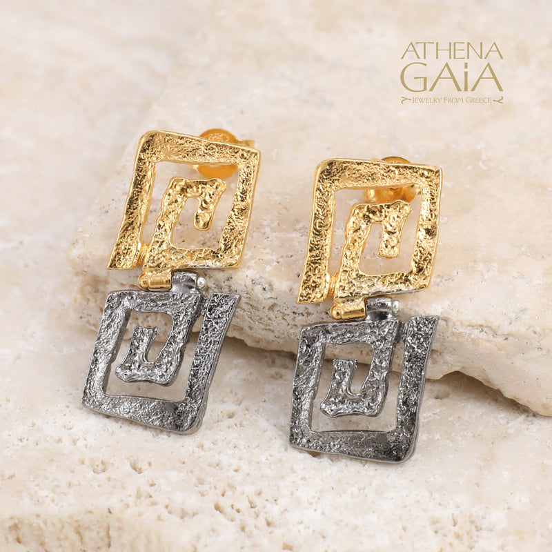 Double Greek Key Earrings - Gold Plated Sterling Silver Earrings