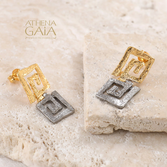 Double Greek Key Earrings - Gold Plated Sterling Silver Earrings