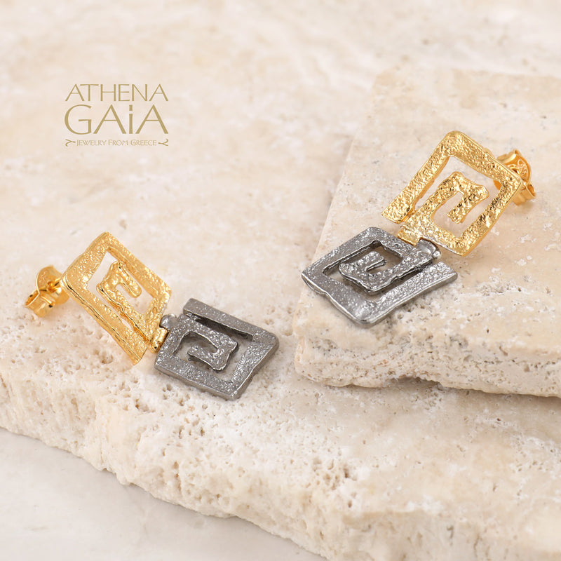 Double Greek Key Earrings - Gold Plated Sterling Silver Earrings