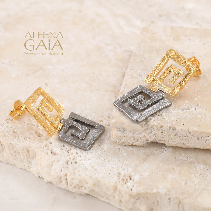 Double Greek Key Earrings - Gold Plated Sterling Silver Earrings