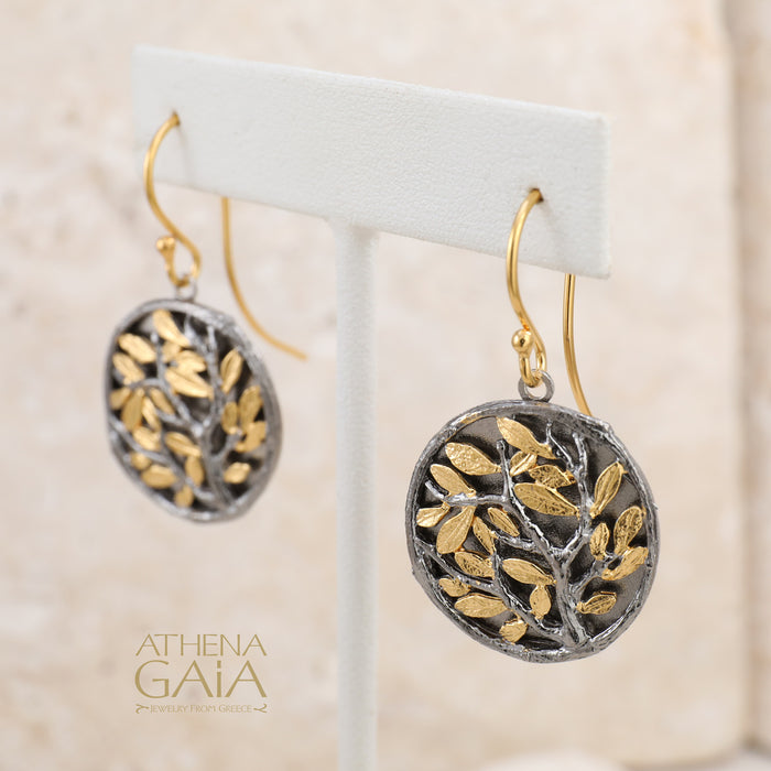 Circle Olive Tree Earrings - Gold Plated Sterling Silver Earrings