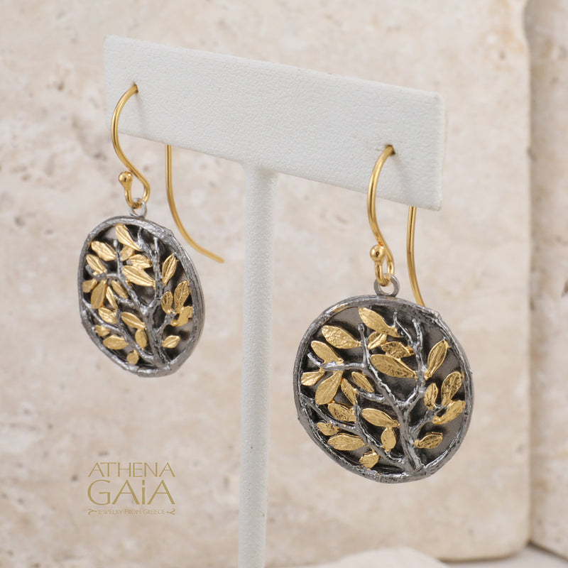 Circle Olive Tree Earrings - Gold Plated Sterling Silver Earrings