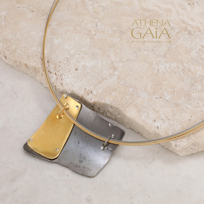 River Stones Square Necklace - Gold Plated Sterling Silver Necklace
