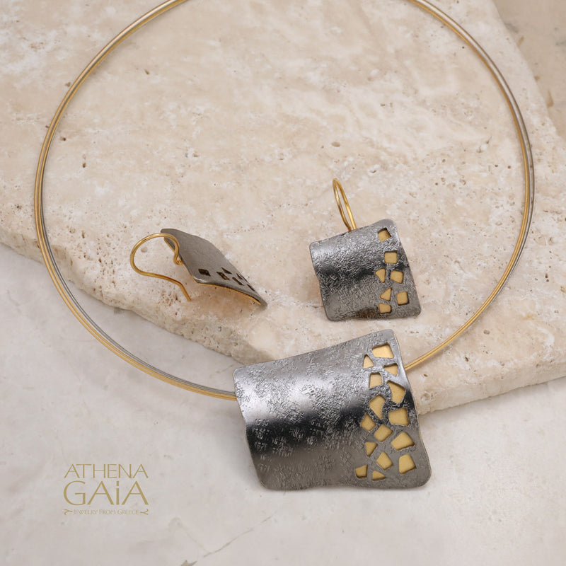 River Stones Square Necklace - Gold Plated Sterling Silver Necklace