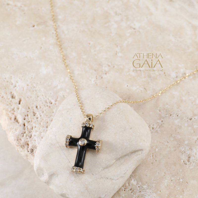 Enamel Gemstone Station Cross Necklace - 14k Gold - Latin Cross